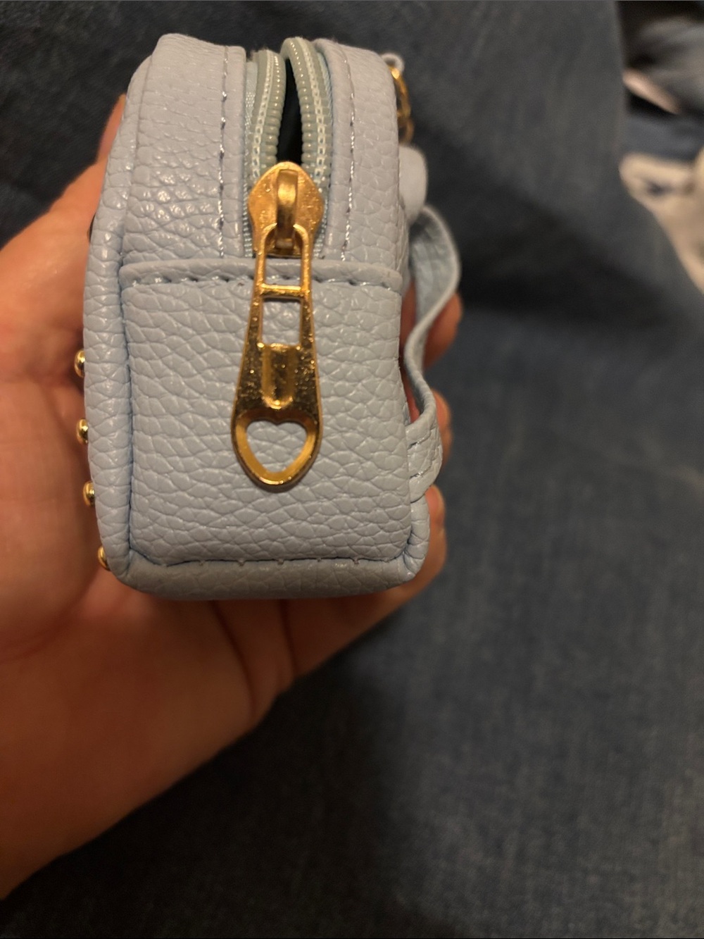 Light Blue Studded Mini Keychain Backpack Bag with Gold Hardware - Picture 7 of 11